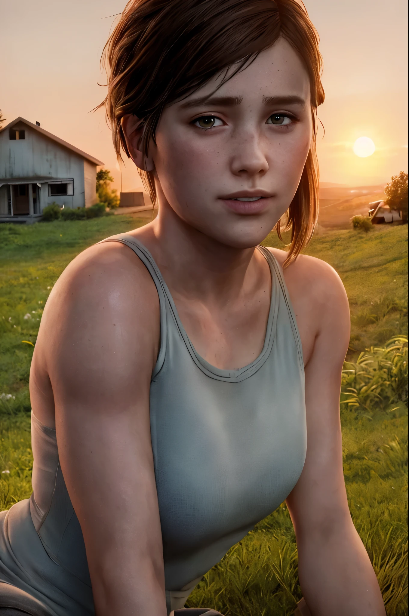 headshot of Ellie, tlou2,sitting in front of farm house, pixie cut, smiling, sunset, (8k, RAW photo, best quality, masterpiece:1.2),ultra-detailed, (high detailed skin:1.2), 8k uhd, dslr, soft lighting, high quality, 