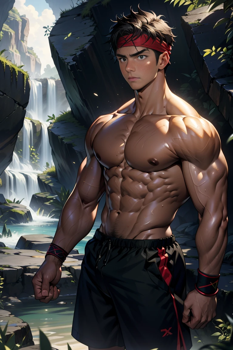 (Masterpiece, Best quality, 18 year old boy, 8k, ultra-detailed), (underneath, looking away, upper body, soulful eyes, thin lips), 1 boy, solo, Young, (teenager), (Dark Short straight hair, under cut), black eyes, full bodyesbian, (Shirtless), topless, Green headband, sandals, (Black shorts with loincloth), (Depth of field:1.2), (Abs), black wristband, (topless male), serious, closed mouth, man with martial arts stance, athretic body, athretic pose, inside caves, night