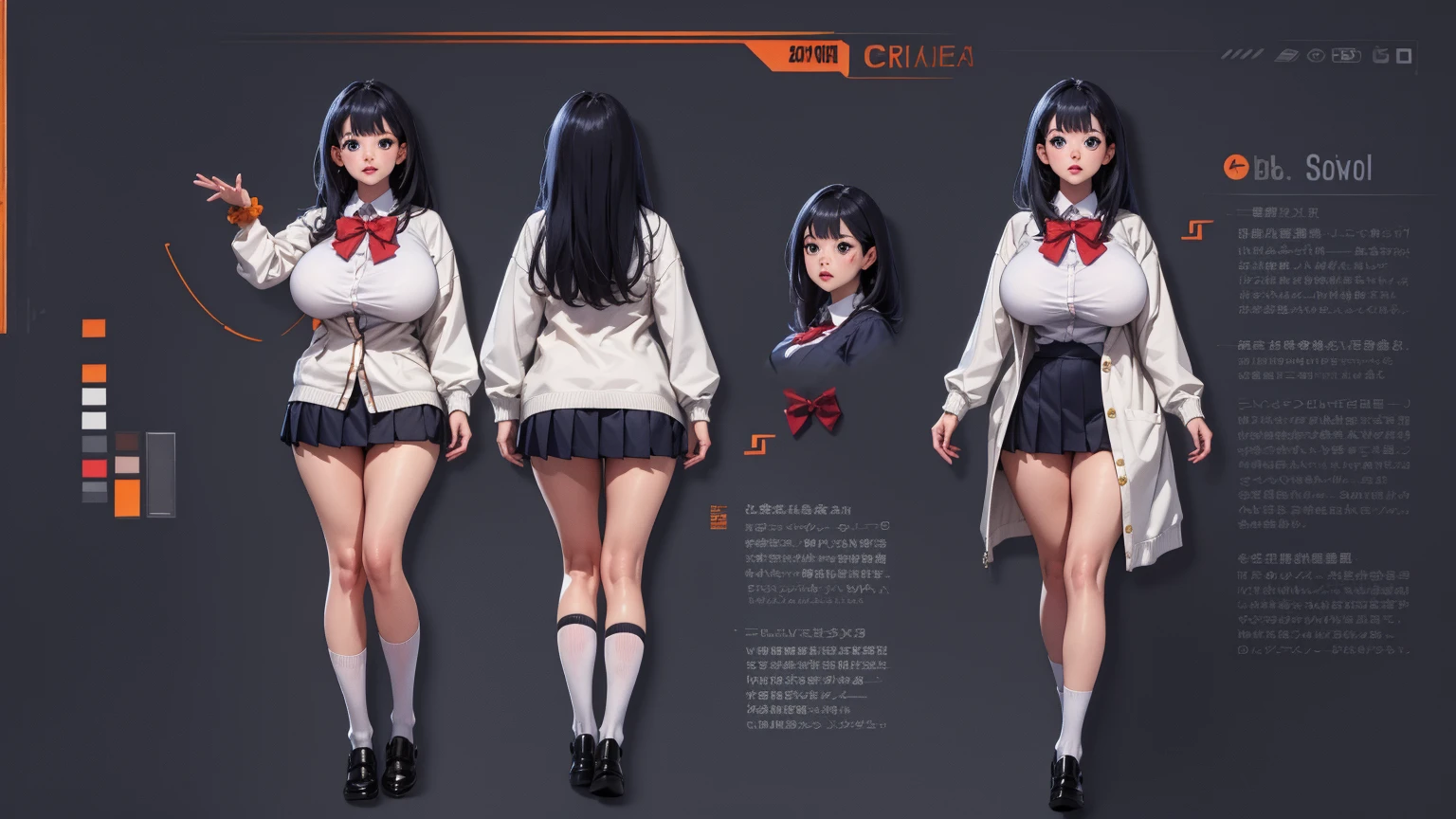 girl, solo, full body, from head to toe, standing, (Huge_Breasts:1.3), short skirt,
reference sheet, model sheet,
rikka takarada, black hair, blue eyes, long hair, orange scrunchie, scrunchie, wrist scrunchie,
black footwear, black skirt, bow, bowtie, buttons, cardigan, collared shirt, long sleeves, microskirt, pleated skirt, red bow, red bowtie, red socks, school uniform, shirt, shoes, skirt, socks, thighs, white cardigan, white shirt,