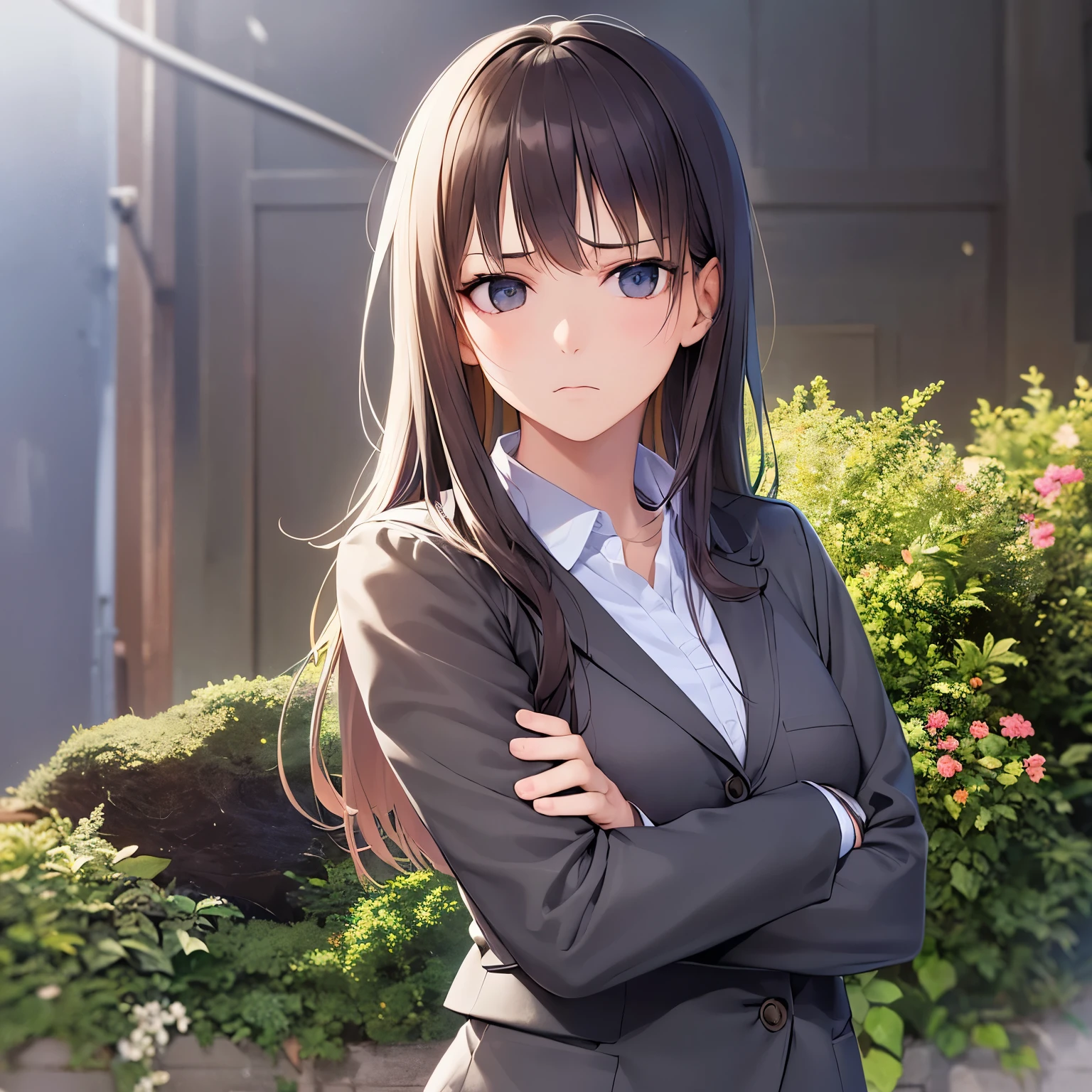 crossed arms, Realistic, real person, RAW photo, photorealistic, portrait photography, shiny skin, japanese idol、A 25-year-old woman with medium-long hair with bright chestnut bangs.、(wearing a gray suit:1.5)、wearing a gray skirt、(disappointed:1.5), Alone、The background is an office