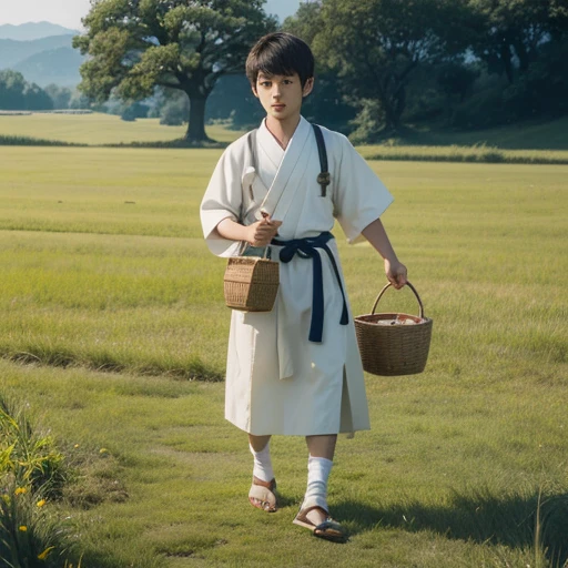 High resolution, Super detailed, masterpiece, highest quality,oriental、boy、boy working in the field、grassland、Basket Bag、Wearing traditional Japanese costumes、Japan ancient hairstyles、game poster、alone、