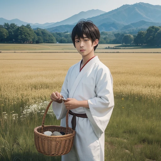 High resolution, Super detailed, masterpiece, highest quality,oriental、boy、boy working in the field、grassland、Basket Bag、Wearing traditional Japanese costumes、Japan ancient hairstyles、game poster、alone、
