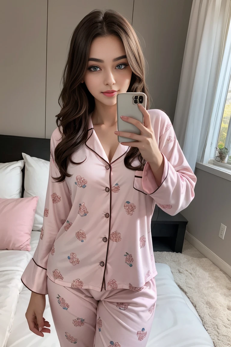 Beautiful girl 23 years old in cute pink pajamas, beautiful blue eyes, perfect body