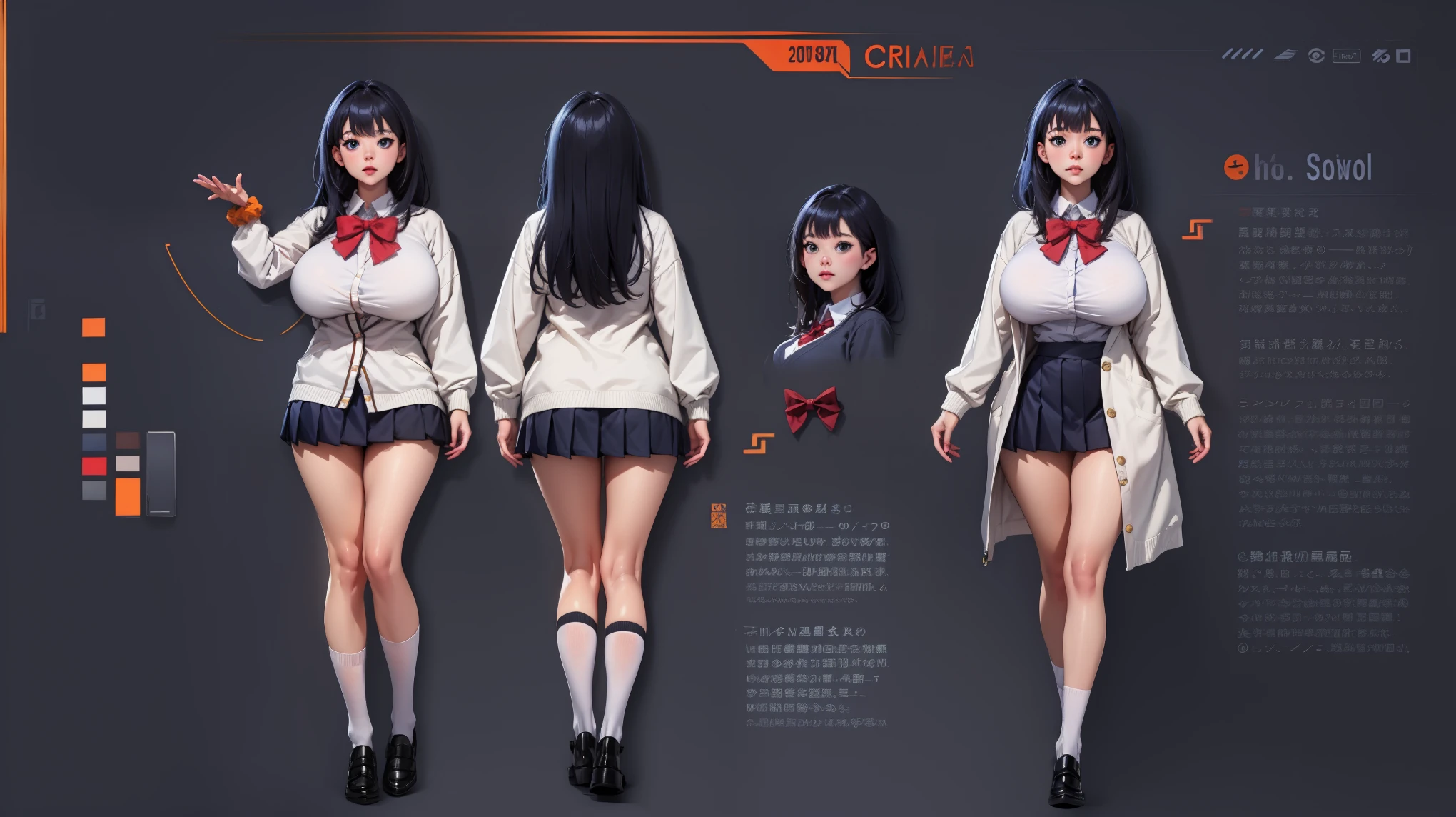 girl, solo, full body, from head to toe, standing, (Huge_Breasts:1.3), short skirt,
reference sheet, model sheet,
rikka takarada, black hair, blue eyes, long hair, orange scrunchie, scrunchie, wrist scrunchie,
black footwear, black skirt, bow, bowtie, buttons, cardigan, collared shirt, long sleeves, microskirt, pleated skirt, red bow, red bowtie, red socks, school uniform, shirt, shoes, skirt, socks, thighs, white cardigan, white shirt,