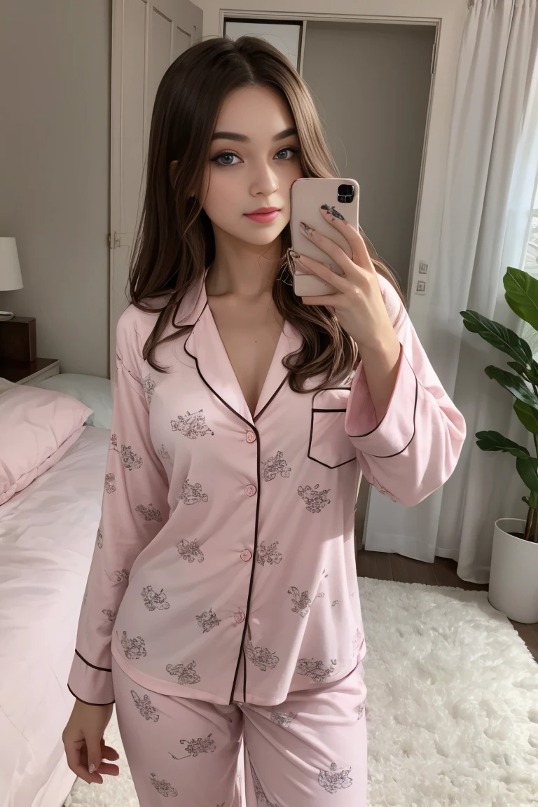 Beautiful girl 23 years old in cute pink pajamas, beautiful blue eyes, perfect body