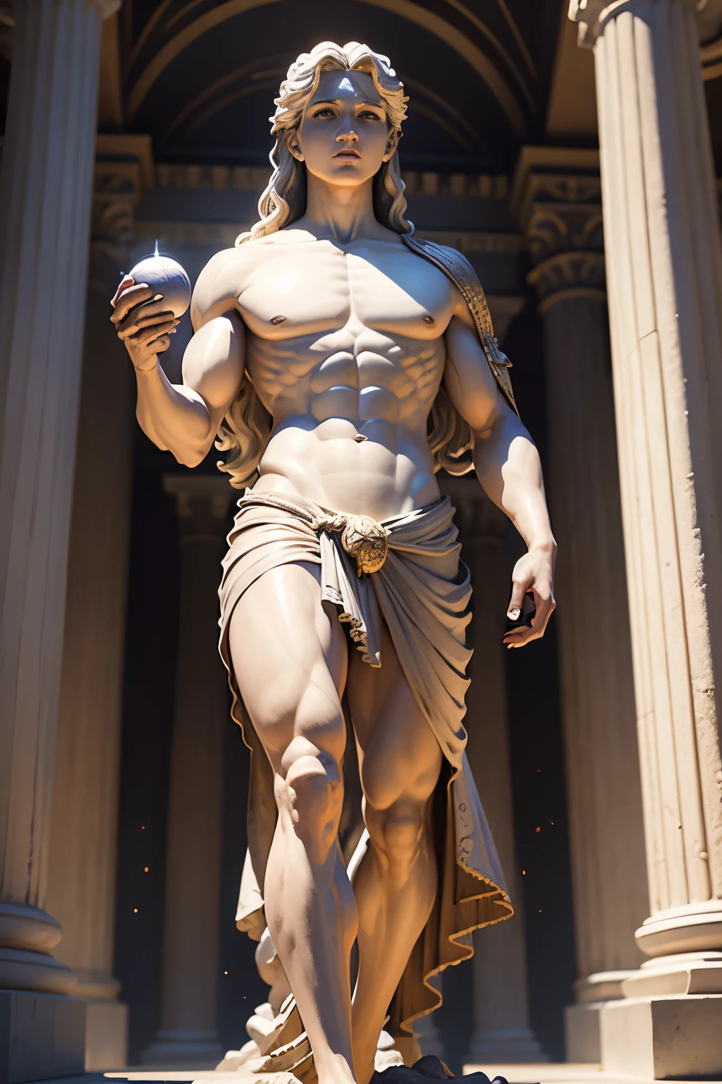 Masterpiece, best quality, high quality,extremely detailed CG Mythology, Greek god Apollo temple. mythical. Image 8k, Enhanced graphics, Good quality, volumetric lighting. Galaxy and dream world behind him landscape, moonglow, mythology, manly, , small statues and effigies in the background, delicate lighting, cinematic lighting