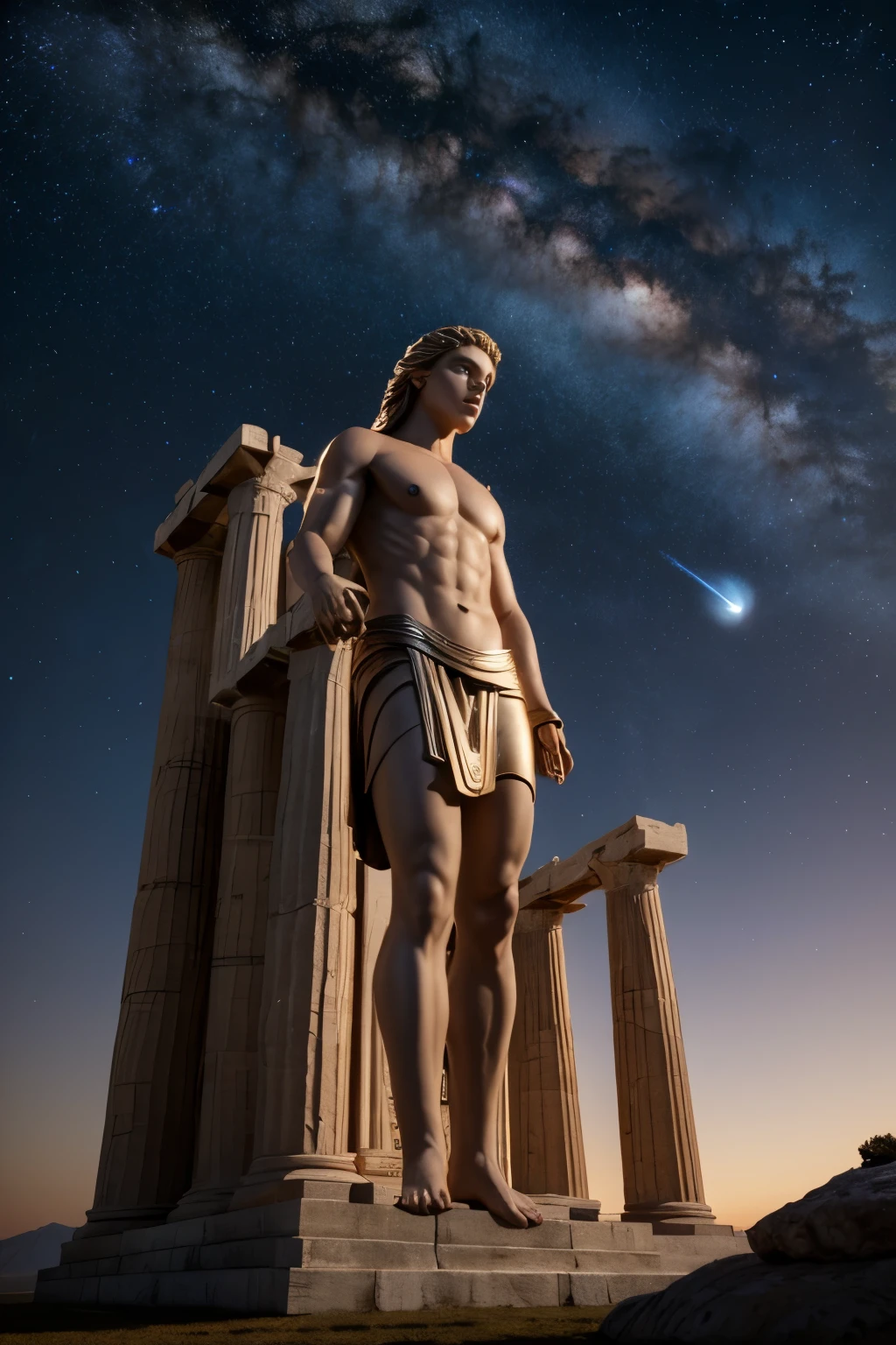 Masterpiece, best quality, high quality,extremely detailed CG Mythology, Greek god Apollo temple. mythical. Image 8k, Enhanced graphics, Good quality, volumetric lighting. Galaxy and dream world behind him landscape, moonglow, mythology, manly, , small statues and effigies in the background, delicate lighting, cinematic lighting