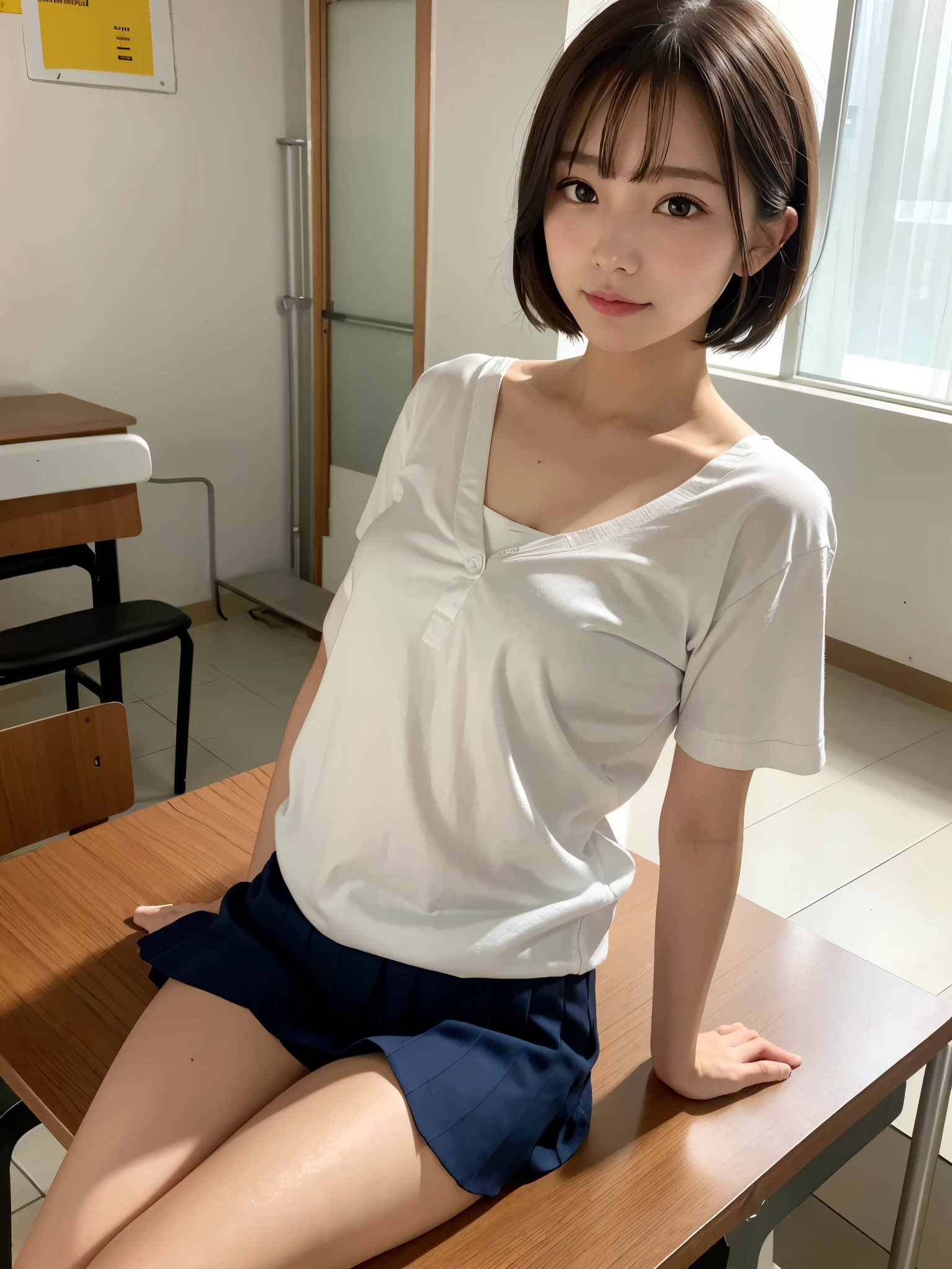 ((NSFW))((16K))masutepiece, Best Quality,8K , Ultra-detailed, finely detail, hight resolution, in 8K, Perfect dynamic composition, Beautiful detailed eyes, Women's Fashion Summer,Shorthair,huge tit、Natural Color Lip, Bold sexy poses,Smile,full bodyesbian、 girl in Japan、Cute、Sexy shot looking at camera、sitting with open legs、Shaved、Detailed、Open、In school、In a high school classroom、in school uniform、White shirt、Ha is just