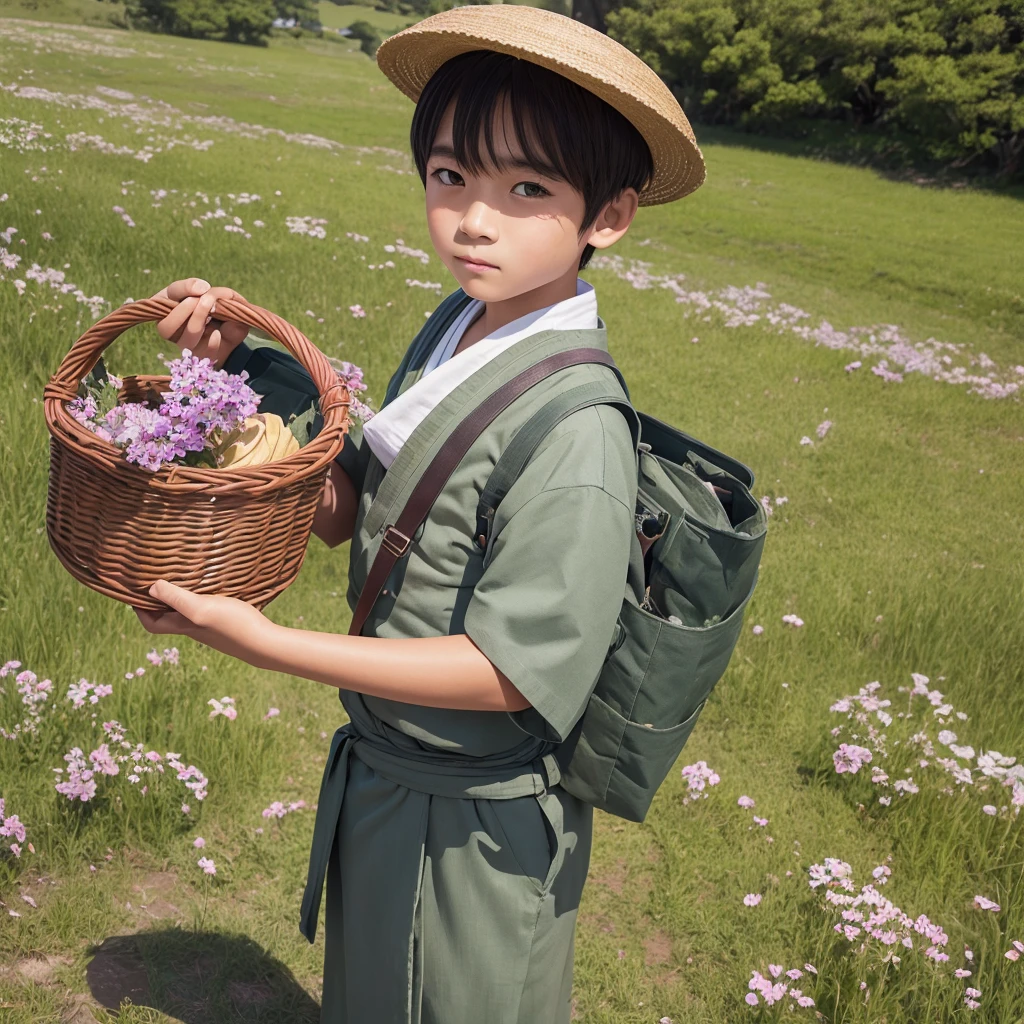 High resolution, Super detailed, masterpiece, highest quality,oriental、boy、boy working in the field、grassland、Basket Bag、Wearing traditional Japanese costumes、Japan Ancient Hairstyles、game poster、alone、