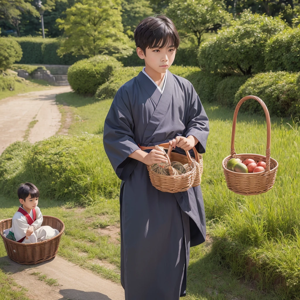 High resolution, Super detailed, masterpiece, highest quality,oriental、boy、boy working in the field、grassland、Basket Bag、Wearing traditional Japanese costumes、Japan Ancient Hairstyles、game poster、alone、