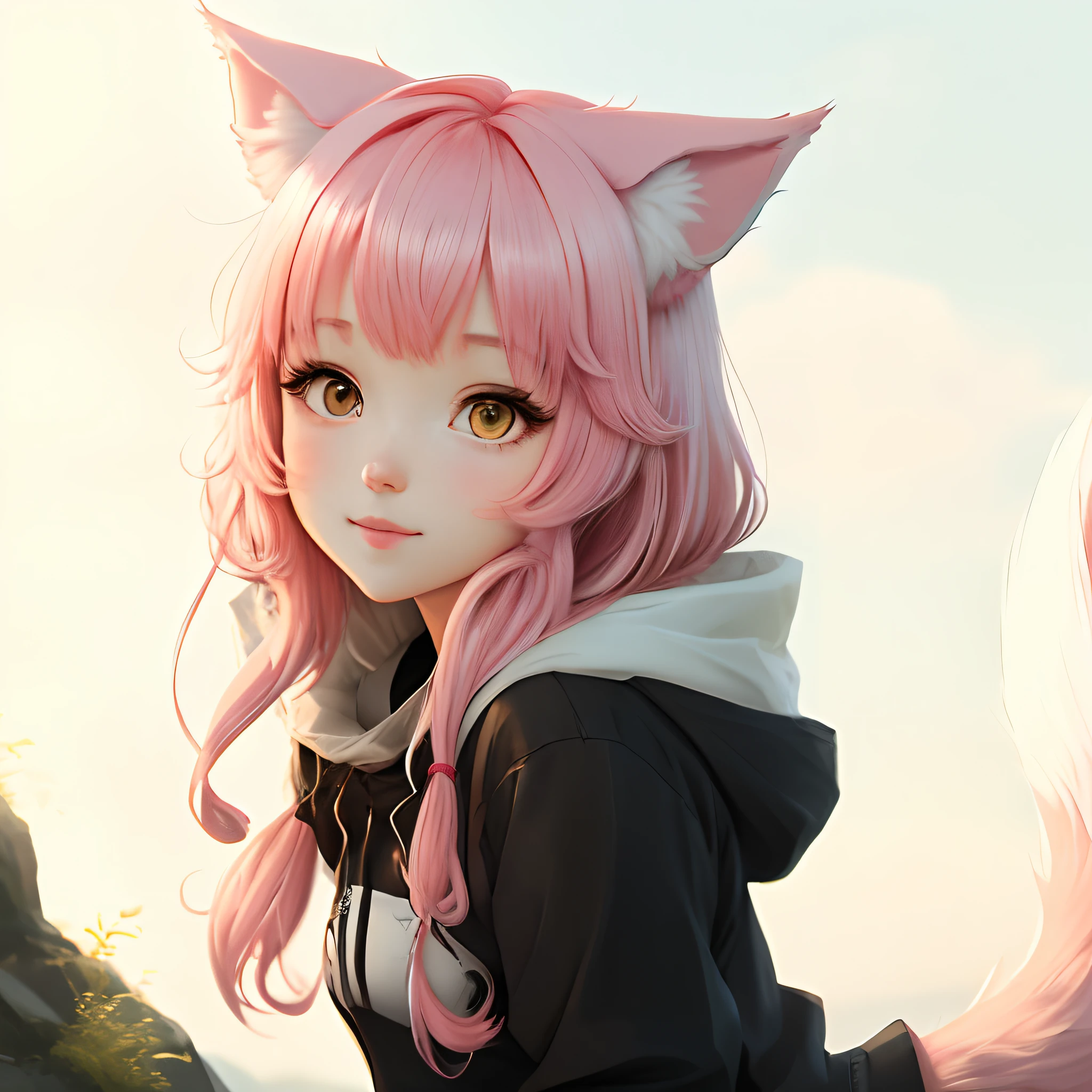 Cute anime girl with pink hair and wolf ears and tail