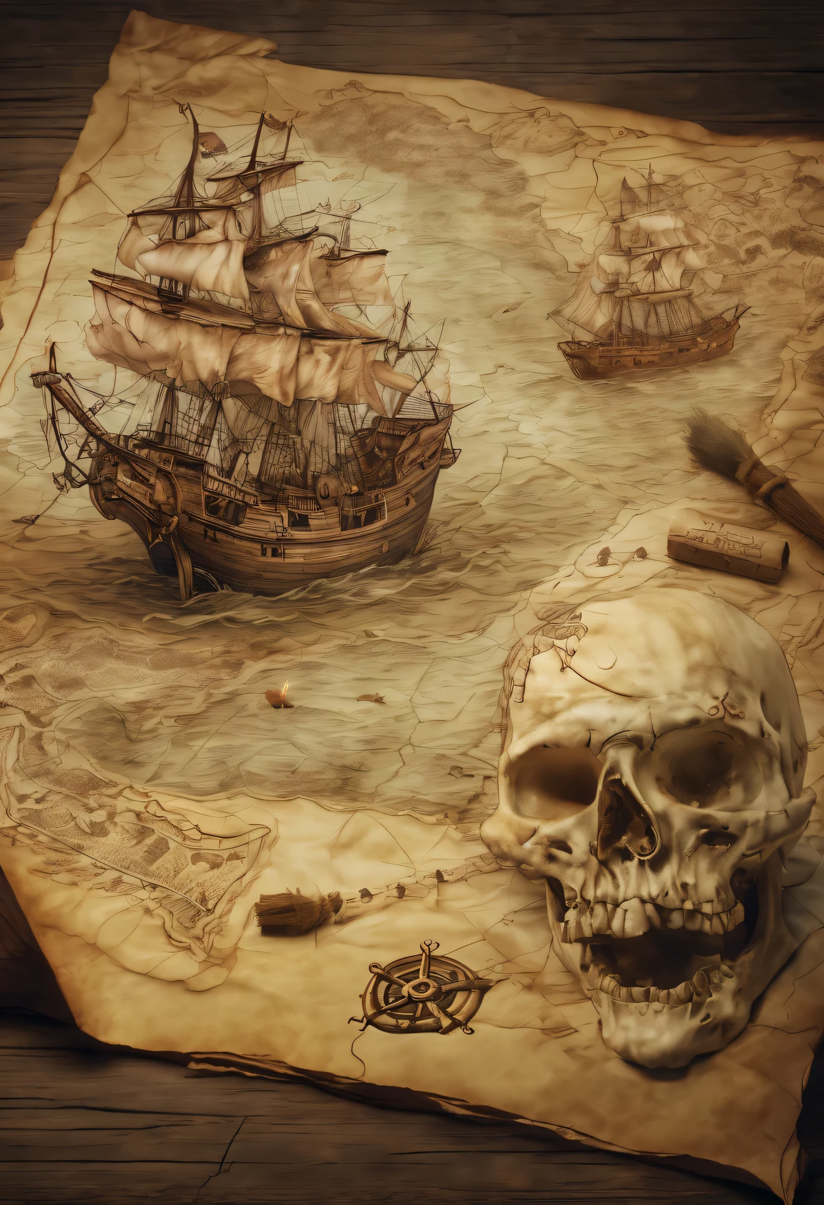 (best quality,4k,8k,highres,masterpiece:1.2),ultra-detailed,(realistic,photorealistic,photo-realistic:1.37),detailed illustration,parchment texture,old and weathered map,fantastic high seas map,ancient treasure map,pirate's adventure,pirate exploring,map in the captain's hands,ship and waves in the background,treasure chest,skull and crossbones,secrets and hidden clues,worn-out edges,authentic map markings,aged paper,compass rose,hand-drawn icons,tricky navigation routes,legend with cryptic symbols,rolls and folds,crinkled corners,feather quill pen,ink stains and smudges,golden highlights,prominent X marks the spot,treasure hunt,unexplored islands,mythical creatures,stormy seas,moonlit night,star-filled sky,shadows cast by the lantern light,pensive pirate's expression,air of mystery,rumored riches,buried treasure.