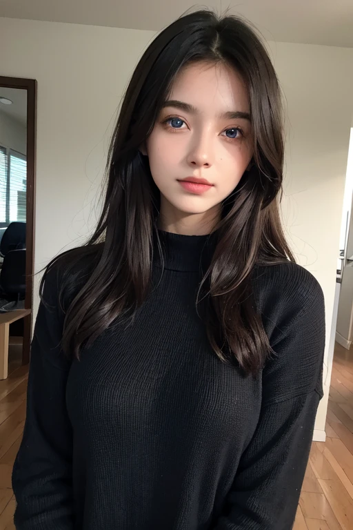 1Girl 19 years old, nur, Lange Haare, medium , passport photo, Blick auf den Betrachter, black Haar, protreit photo, nackte Schultern, braune Augen, Schmuck, full entire body, Halskette, schulterfrei, Pullover, Lippen, realistisch, Nase, Flirten mit der Kamera, blue eye