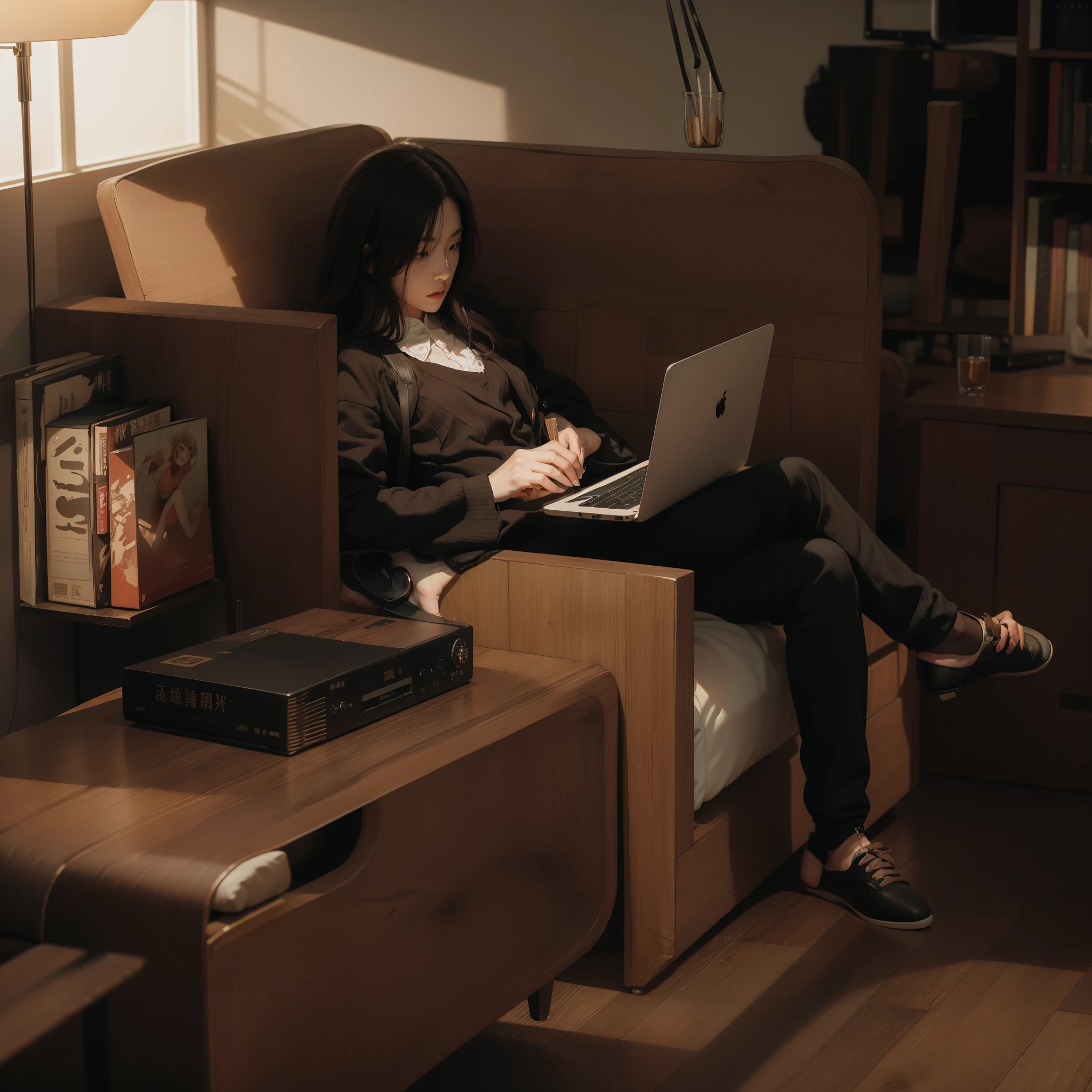 (black amplifier:1.3)((masterpiece, best quality)), 8k, 现代建筑style, Photographic Realism, Super detailed photos, 公寓living room的内部是高分辨率的,living room ,sofa,tv set,A coffee,Place the spoon on the plate,style: Lie flat--Air 3:2, best quality, a work of art, lifelike