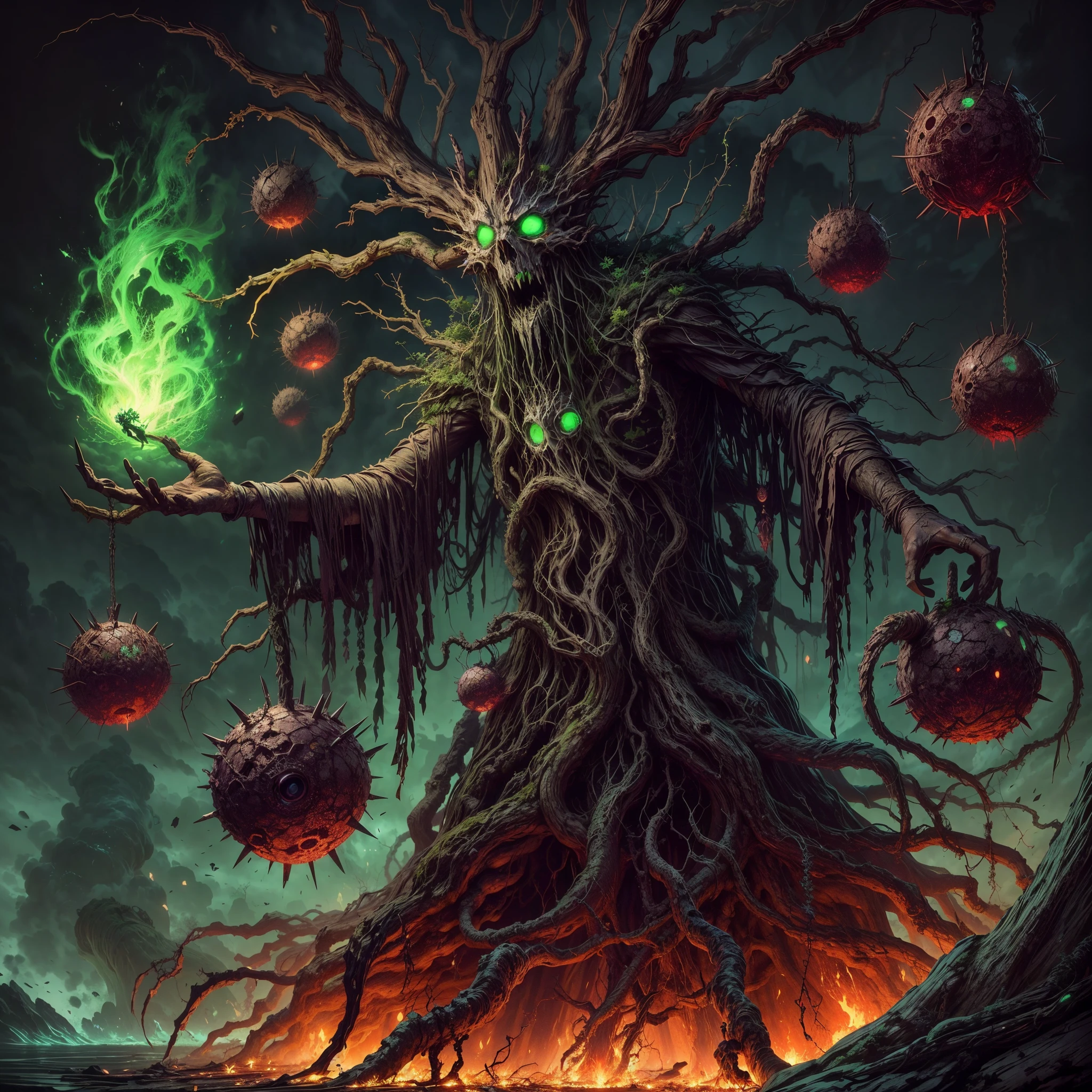 dark soul boss,elden Ring style,a corrupted tree man, an eldritch being inside a tree, 8 long thick root came from the back, corrupted wood hand and arm,  holding a runic dead tree branch as a spear, toxic fruit as bomb,thick trunk tentacles,glowing green eye,death green aura, open mouth, holding corrupted death fruit, astral ghost flying around, 