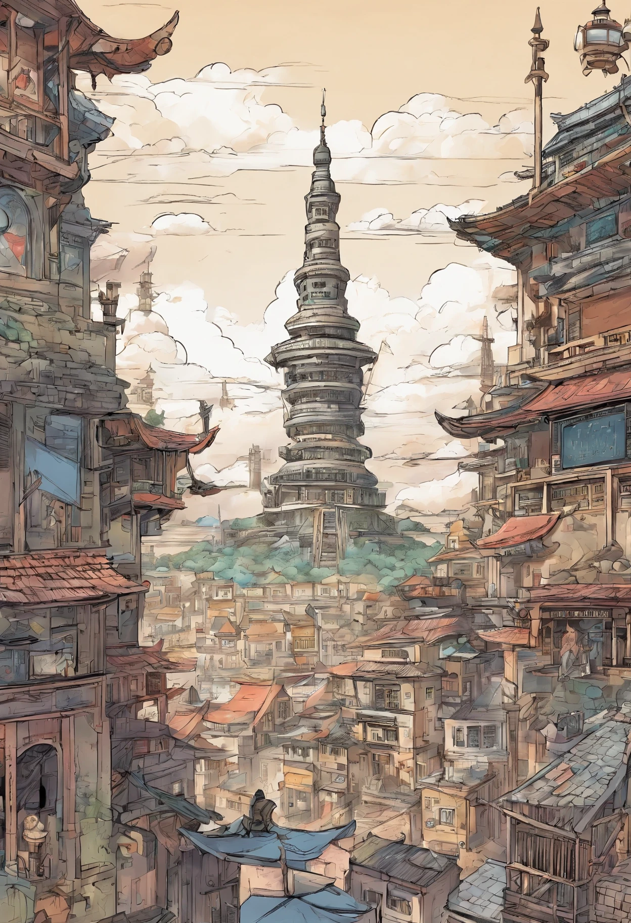 comicbook ink streampunk Chinese ink style, Steampunk world, Steampunk spaceship music studio, Float in the air of the city, thick clouds, Animation art in ink, Comic ink art, Water ink, ink, dyeing, 8K, are delicately depicted, Works by the conductor, City view. There is a wizard's tower, Portal and flying creatures in this city. The angle we are looking at is、The most extensive buildings have ugly statues in the windows. A huge wizard skyscraper looms in the distance. City view. There is a wizard's tower, Portal and flying creatures in this city. The angle we are looking at is、The most extensive buildings have ugly statues in the windows. A huge wizard skyscraper looms in the distance.