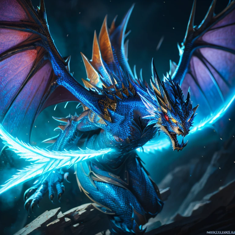 highest quality,4K,8K,High resolution,masterpiece:1.2),Super detailed blue scale dragon,intense gaze,Strong body,wing, Different world, patron saint,magic
