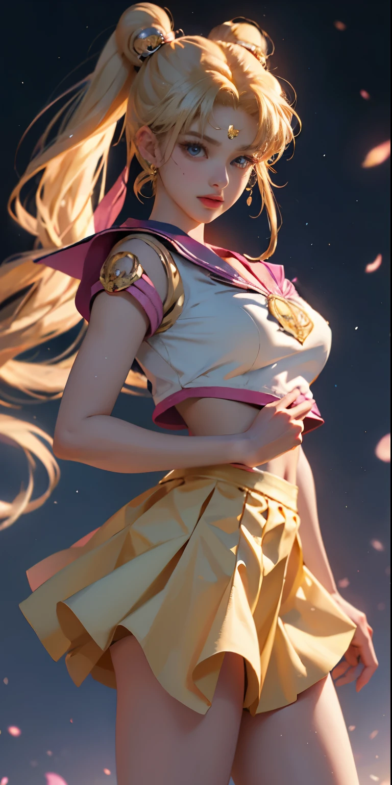 ((Masterpiece)), (Best Quality), (Super Detail), ((Very Detailed)), 4K, (8K), Sailor Moon, Long Blonde, Double Ponytail, Aesthetic sailor moon, Dream Core, coated school shirt, yellow skirt, big breasts