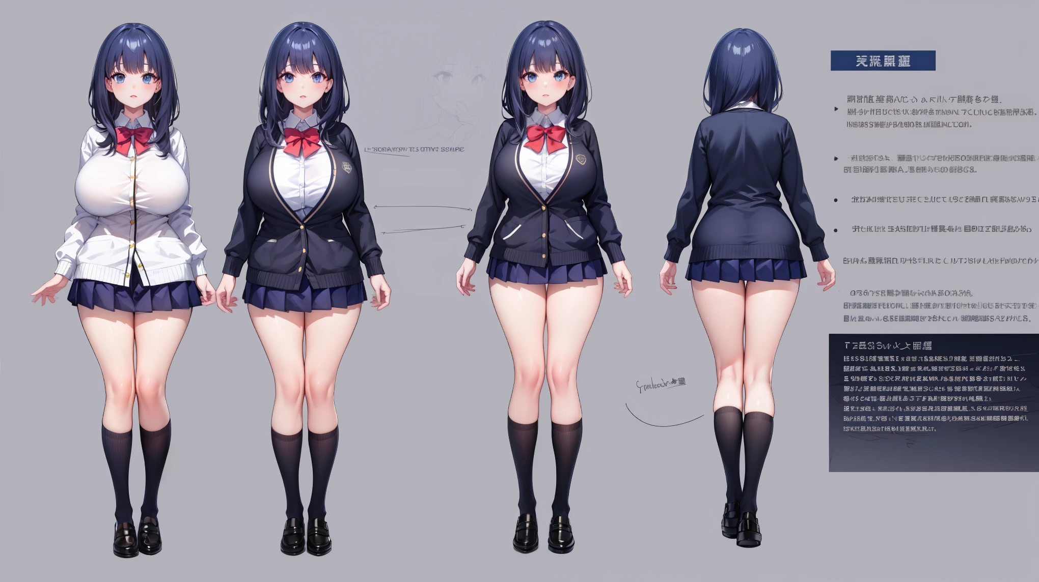 girl, solo, full body, from head to toe, standing, (Huge_Breasts:1.3), short skirt,

reference sheet, model sheet,

rikka takarada, black hair, blue eyes, long hair, orange scrunchie, scrunchie, wrist scrunchie,

black footwear, black skirt, bow, bowtie, buttons, cardigan, collared shirt, long sleeves, microskirt, pleated skirt, red bow, red bowtie, red socks, school uniform, shirt, shoes, skirt, socks, thighs, white cardigan, white shirt,