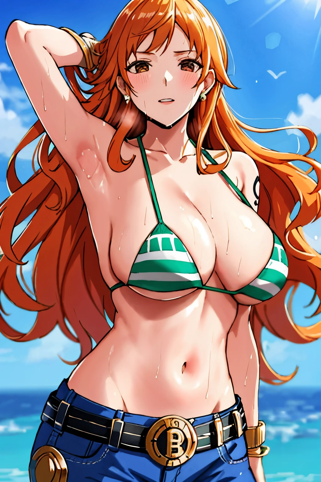 detailed background, masterpiece, 4K, best quality, 늦은 request소년, adult, wrestler body, 1 woman, Active, energetic, Uppercut, (Big mouth) , alone, nami \(One Piece\), 1 woman, bangle, (Very wet, Drenched in sweat, sweating all over, Very wet hair, tired, breathe, get off, exhausted, outcry, Sweaty face, sweaty body, Panting, sweating too much, Glittering sweat, sweaty armpits, trend, hands on hips, Serious, glaring), Perfect, detailed face, draw a thick line, muscular arms, Detailed and thick arm lines, Flat chin, adult woman, Wide striped bangs with waves, floating bangs, (Big cheeks), bare shoulders, off shoulder, belt, bikini, bikini top only, blue sky, bracelet, Elastic breasts, chest line, Big round eyes, very large and bright brown eyes, foam, 높은 눈 stomach치, divided, cloud, afternoon, request, earring, floating hair, shiny hair, green belt, green bikini, thick groin line, requestpants, jewelry store, medium chest, Log Pose, long hair, looking at viewer, navel, wet hair, Orange hair, pants, shoulder Tattoo, Side lock, sky, alone, standing, stomach, swimsuit, Tattoo , looking at viewer, get off, Detailed left arm, large forehead, hourglass shape, small head, a toned body, Broad head, wind effect, The Sun Effect, Under the sun, Narrow small ear angle, previous, 무작stomach 포즈, sweaty armpits