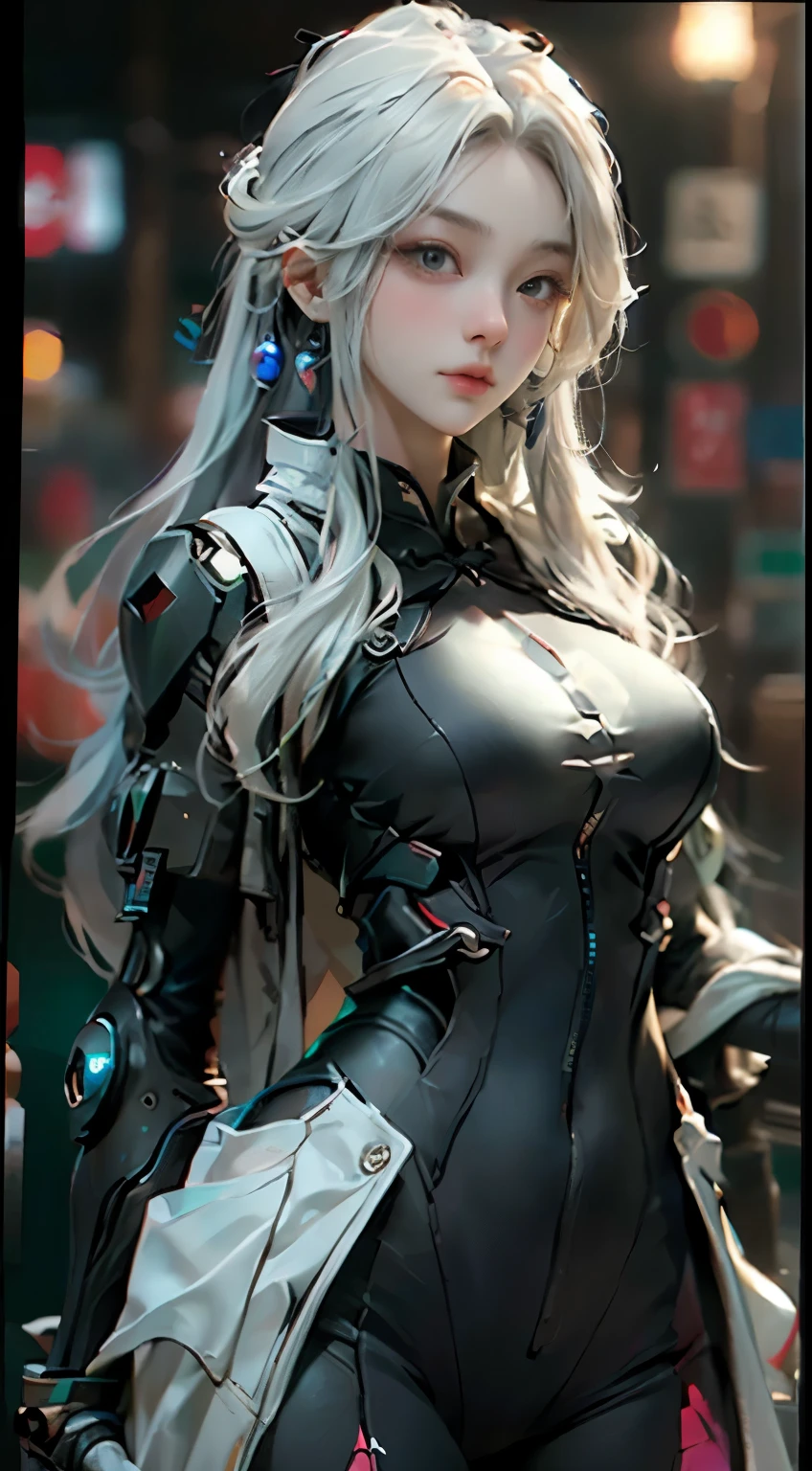 NSFW, 1girll, Cyberpunk, Mecha armor, Mechanical, (Masterpiece: 1.4), (8K, Realistic, RAW photo, Best quality: 1.4), nipple areola shape clear, , Japanese girl, Beautiful cute face, (Real face: 1.4), Perfect , Beautiful hairstyle, Realistic blue eyes, Beautiful detail eyes, (Real skin: 1.3), Beautiful skin, Attractive, 超高分辨率, Ultra photo realsisim, Hulling machine, Night view, post apocalyptic world, Cinematic lighting, White colored hair, Long hair, double-ponytail, blueribbon, Weapons in hand, alien spaceship, Futuristic fantasy, Legs open, Fighting posture