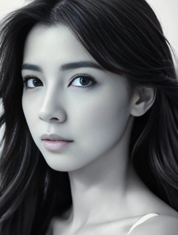 masterpiece, highest quality, Photoreal, super detailed, finely, High resolution, 8k wallpaper, Professional, Advanced level of detail, ((monochrome photography)), 1 girl, ((facing the front)), ((Vermilion lips)), detailed clavicle, perfect face, straight hair