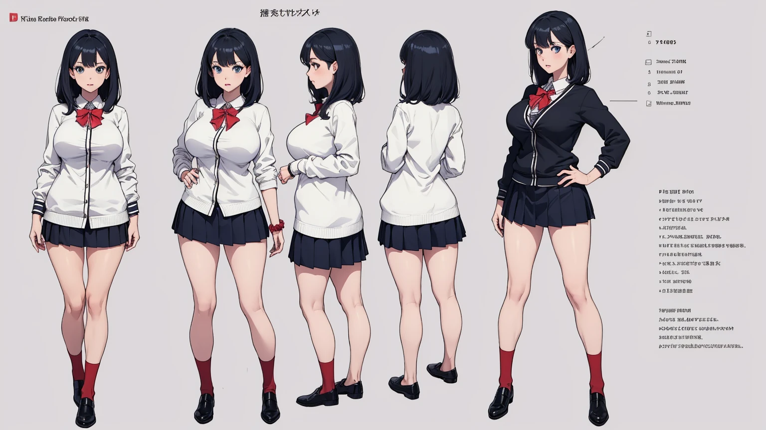 girl, solo, full body, from head to toe, standing, (Huge_Breasts:1.3), short skirt,

Character Design Sheet, character reference sheet, character turn around,

rikka takarada, black hair, blue eyes, long hair, orange scrunchie, scrunchie, wrist scrunchie,

black footwear, black skirt, bow, bowtie, buttons, cardigan, collared shirt, long sleeves, microskirt, pleated skirt, red bow, red bowtie, red socks, school uniform, shirt, shoes, skirt, socks, thighs, white cardigan, white shirt,