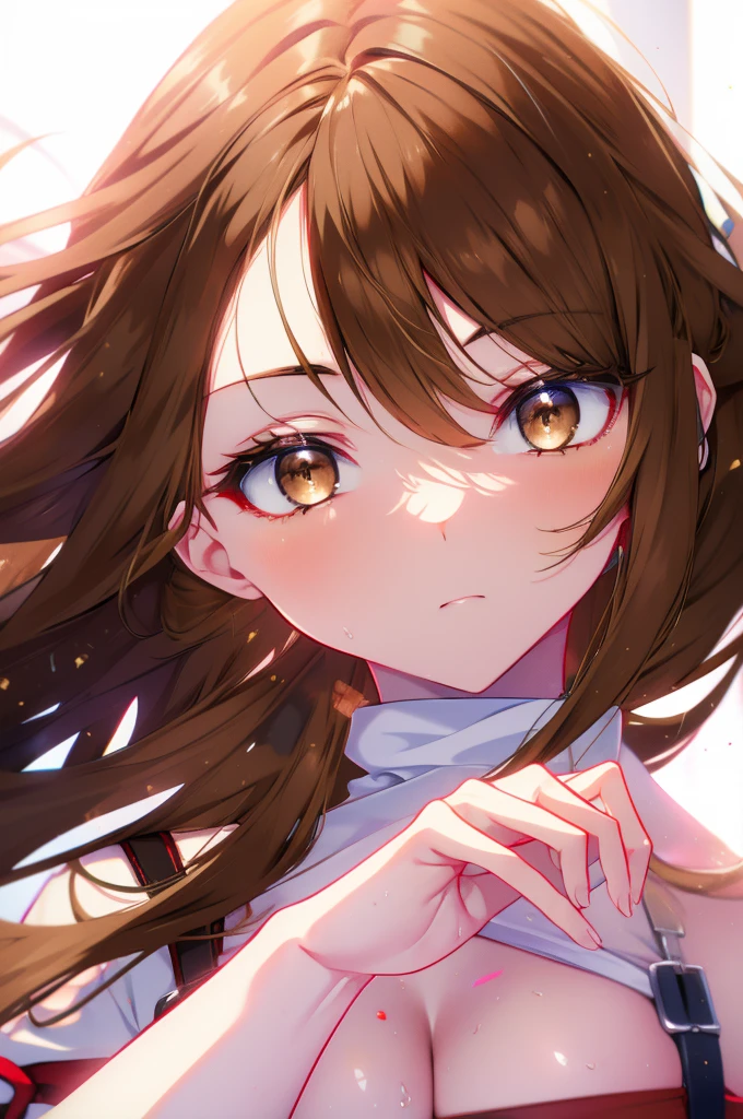 a sun ayuuki, a sun a yuuki, long hair, brown hair, (brown eyes:1.8), big breasts,mouth_all,(white shirt:1.2) ,looking at the viewer,slim waist,red bra ,red string underwear,break (masterpiece:1.2), highest quality, High resolution, unity 8k wallpaper, (figure:0.8), (beautiful and fine eyes:1.6), highly detailed face, perfect lighting, Very detailed CG, (perfect hands, perfect anatomy),