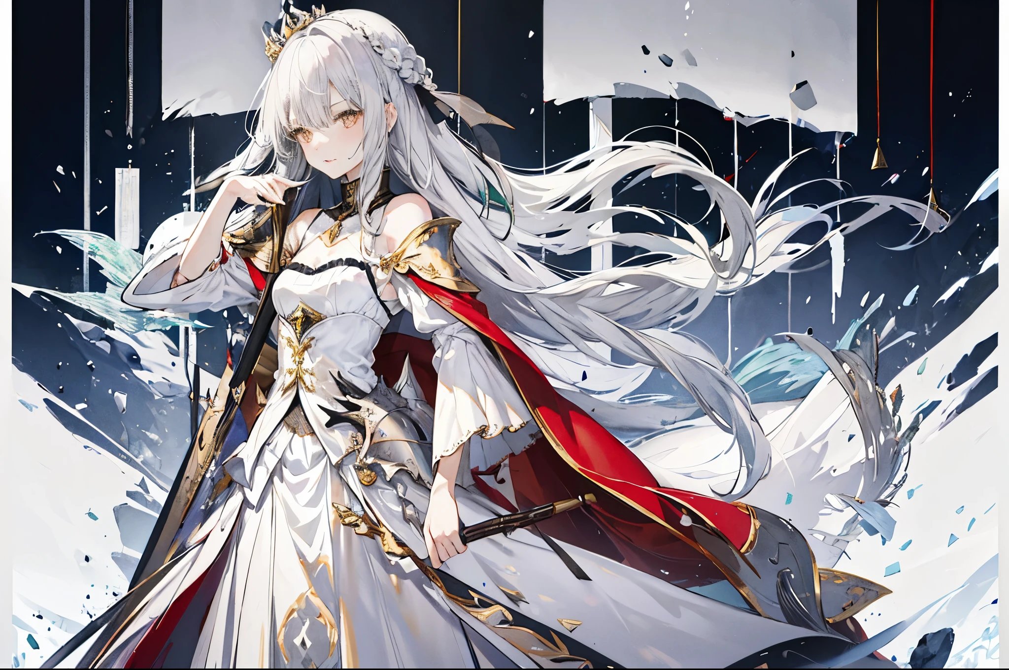 girl,Gray hair,long hair,clavicle hair,golden eyes,Silver-white armor,long skirt,knight,poster,of,高质量of,Snow,Silvery crown,crown with emeralds,red cloak,Different world
