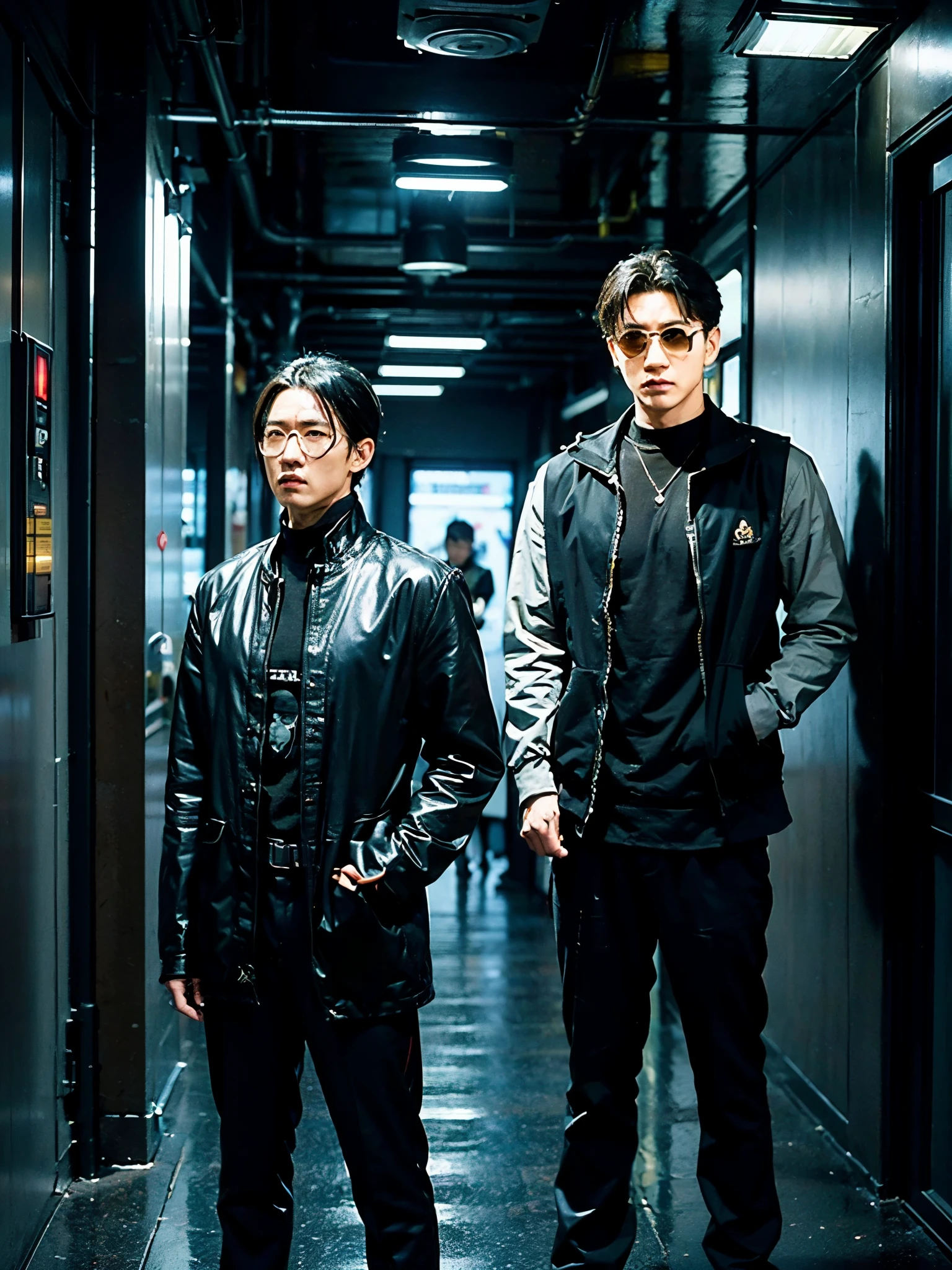 a movie poster for the movie the two stooges, a picture inspired by Ma Wan, tumblr, altermodern, movie promotional image, movie artwork, agents from the matrix movie, stylish pose, cool pose, slim and tall, two men in black, poster shot, jackie chan, men in black, in the style of sifu 🔥 😎 🕹️ 👀 :2