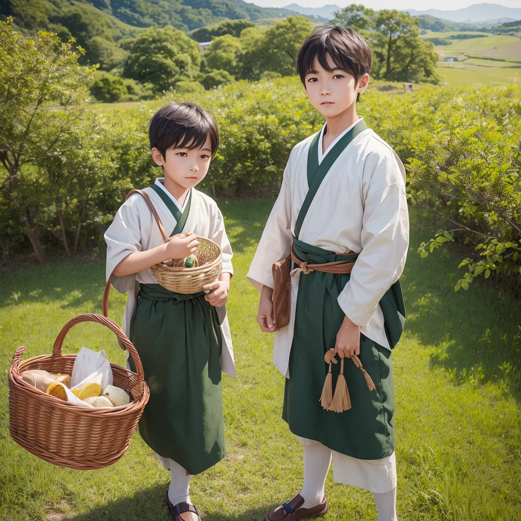  High resolution, Super detailed, masterpiece, highest quality,oriental、boy、boy working in the field、grassland、Basket Bag、Wearing traditional Japanese costumes、Japan Ancient Hairstyles、game poster、alone、