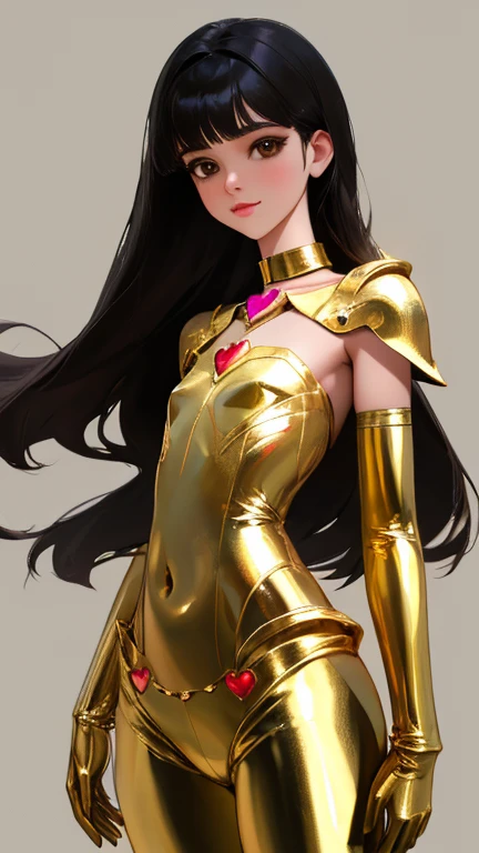 {{amazing quality, great quality, high quality, very aesthetic, aesthetic, best quality}}}},
realistic, photo, shadow, Three-dimensional, absurdres, Digital art,
{{{{Magical girl}}}}, beautiful girl, one girl,
black hair, long straight hair, hair, trimmed hair, shiny hair, blunt bangs, short sideburns,
brown eyes, tareme,
{{flat chest}}, {{small breasts}}, {{detailed body}}, slim thighs, thin thighs, {{{{white full body tights}}}}}, {{{white leotard}}}, {{{golden breastplatered}}}, {{{Visible chest}}}, gold elbow_gloves, gold boots, {{{{covered navel}}}}, {{{both shoulders expose}}}, heart-shaped choker on left arm, upper body,