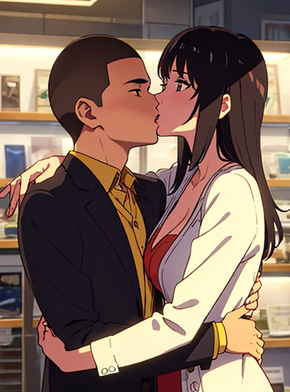 shinkai makoto, kimi no na wa.,1boy, buzzcut, office suit, hug, passionate hug, kiss, deep kiss, face to face, 1girl, bangs, black hair, brown eyes, open mouth, waterfall braid, red ribbon, long hair, long sleeve pink cardigan, open shirt, yellow shirt, cleavage, breast, medium breast, name tag written "LUMINE Miyamizu", looking at the viewer, indoors, jewelry products, jewelry shop, jewelry saleswoman, indoors, mall, masterpiece, perfect anatomy, cowboyshot, upper body