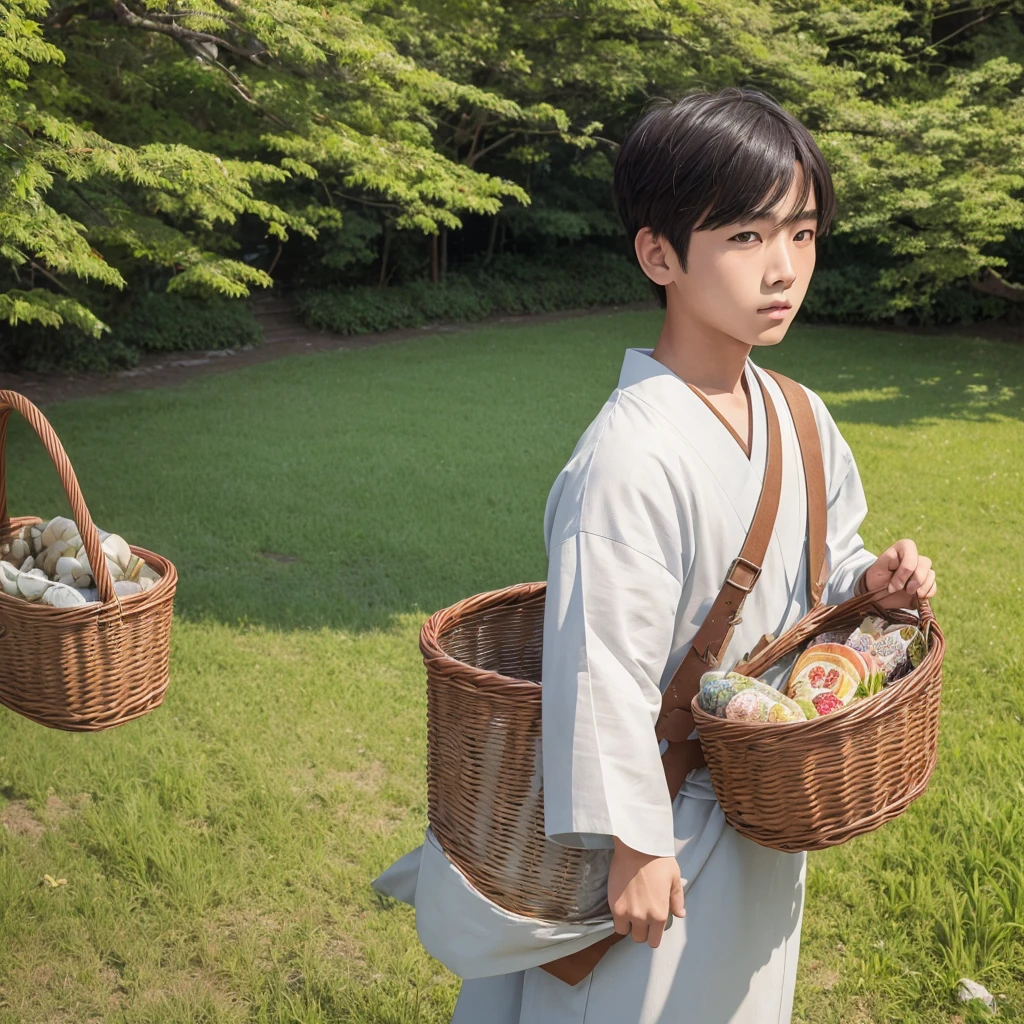 High resolution, Super detailed, masterpiece, highest quality,oriental、boy、boy working in the field、grassland、Basket Bag、Wearing traditional Japanese costumes、Japan Ancient Hairstyles、game poster、alone、