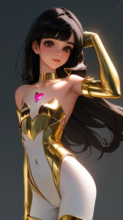 {{amazing quality, great quality, high quality, very aesthetic, aesthetic, best quality}}}},
realistic, photo, shadow, Three-dimensional, absurdres, Digital art,
{{{{Magical girl}}}}, beautiful girl, one girl,
black hair, long straight hair, hair, trimmed hair, shiny hair, blunt bangs, short sideburns,
brown eyes, tareme,
{{flat chest}}, {{small breasts}}, {{detailed body}}, slim thighs, thin thighs, {{{{white full body tights}}}}}, {{{white leotard}}}, {{{golden breastplatered}}}, {{{Visible chest}}}, gold elbow_gloves, gold boots, {{{{covered navel}}}}, {{{both shoulders expose}}}, heart-shaped choker on left arm, upper body,