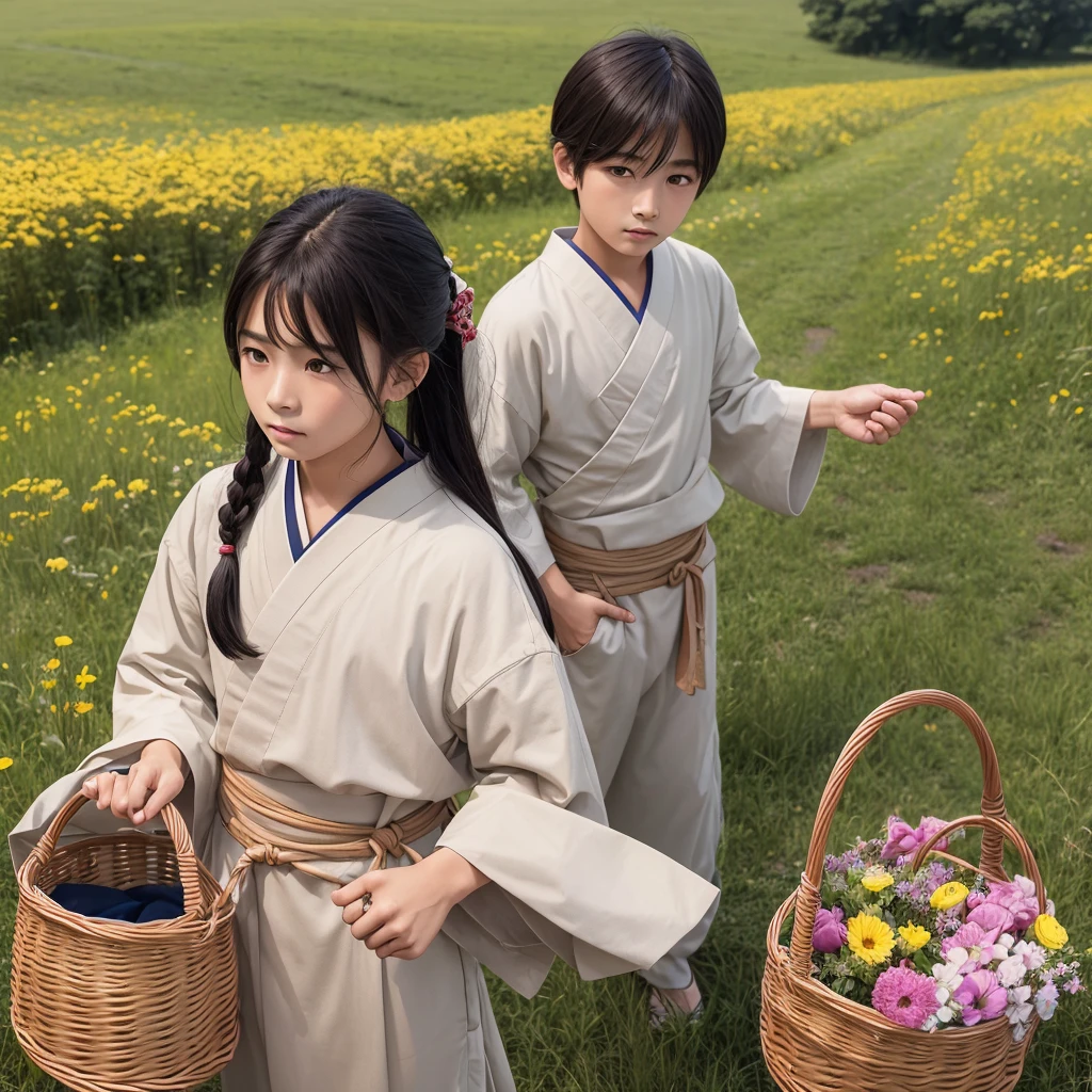  High resolution, Super detailed, masterpiece, highest quality,oriental、boy、boy working in the field、grassland、Basket Bag、Wearing traditional Japanese costumes、Japan Ancient Hairstyles、game poster、alone、