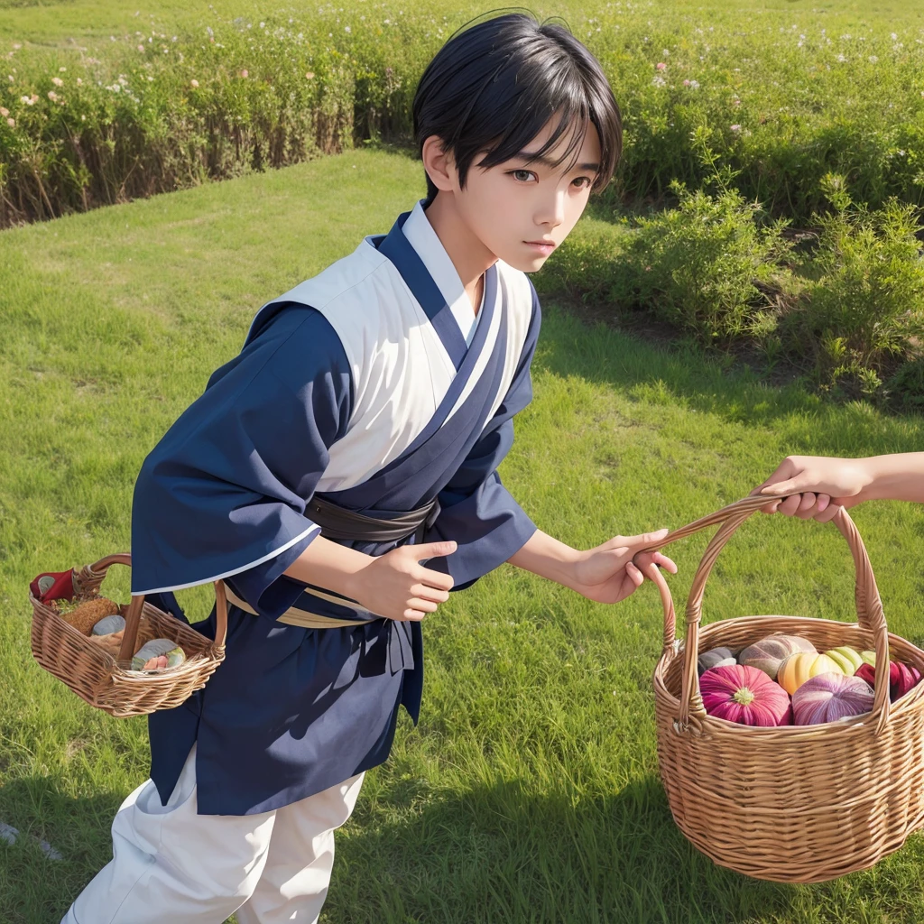  High resolution, Super detailed, masterpiece, highest quality,oriental、boy、boy working in the field、grassland、Basket Bag、Wearing traditional Japanese costumes、Japan Ancient Hairstyles、game poster、alone、