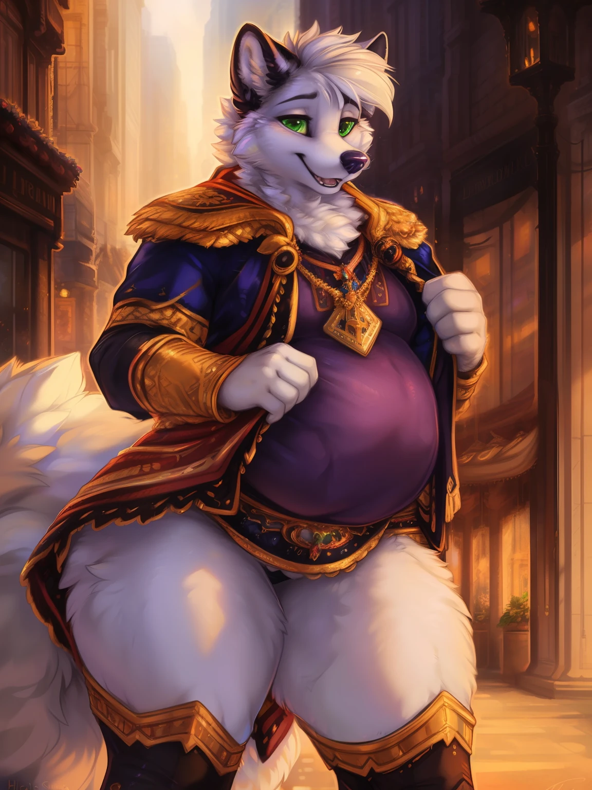 (by hioshiru and kenket and dimwitdog, michael amp inessa garmash, ruan jia, pino daeni, chunie), arctic fox, anthro, chubby, big butt, big thighs, huge thighs ,green eyes, hair, fluffy tail , male , city background , standing, smiling,  solo, clothed, tall, fluffy. royal, royal outfit, belly, moobs, close up, shirt