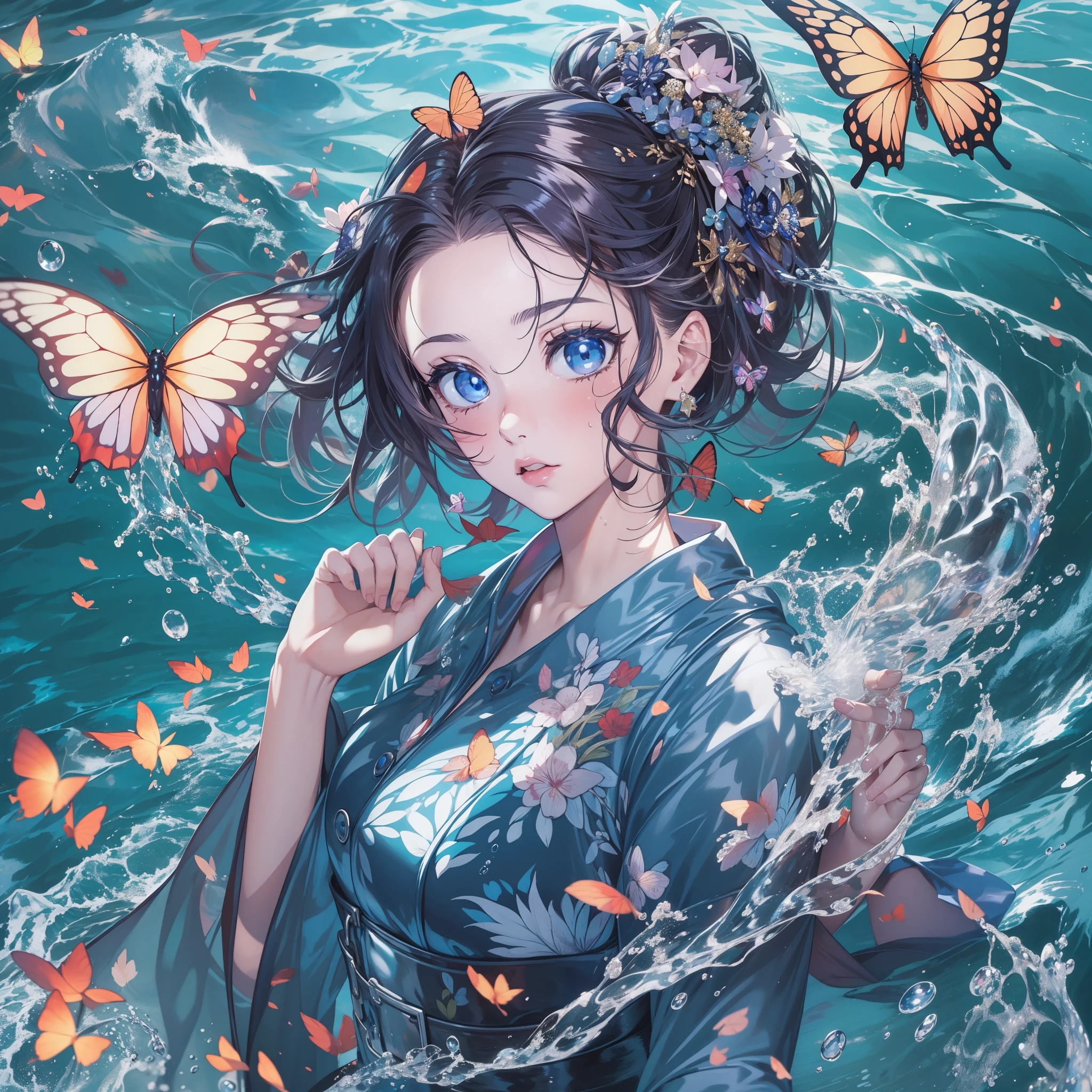 (masterpiece), (highest quality:1.4),[:intricate details:0.2], Mysterious Woman,Water suit，Water flickering, Intense concentration, Mysterious water, Carbonated water,soft body，blue eyes，big and full breasts，A depiction of time passing slowly，#Kimetsu,butterfly々hair ornaments,