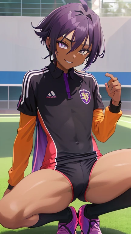 (((official art,Super thin illustration,High resolution, muste piece, best quality,best quality,)))high quality, detailed, (),12 years oace striker male idol with a super cute face,A boy as beautiful as Planding, Cool handsome face with smile, soccer spike, long legs, thighs, Foots, Bulge, (purple hair、Spiky hairstyle)、shiny hair, (tight shiny orange soccer uniform suit), (tight and shiny soccer shorts), (Soccer Socks), grassy area, cool pose, (厚いthighs、Seduce your big ass to your crotch)、(((Park soccer facility)))、((Saucy、))、grinning grin、spread legs,ultra fine painting, (best quality, In 4K, 8K, High resolution, muste piece:1.2),(((Being aware of the sexual gaze of middle-aged gay men)))、Service Shots、(((black skin)))、((detailedな目:1.2))、cute eyes、
