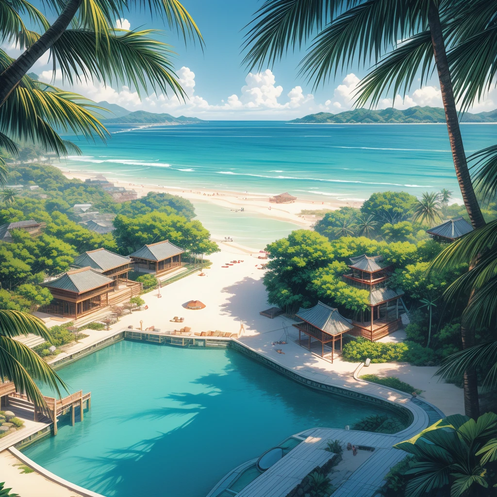 scantily clad travel woman、A sense of freedom in Okinawa with a tropical feel、The background is a resort beach in Okinawa.、tropical nature、Scenery of Okinawa、Overhead angle、High image quality, high quality, high definition, high resolution、Rich and delicate drawings