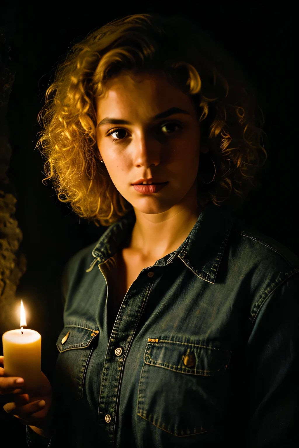 photograph of a woman, (troubled facial expression), textured skin, goosebumps, blonde afro hair, plaid flannel shirt with distressed boyfriend jeans, cowboy shot, dark and mysterious cave with unique rock formations and hidden wonders, perfect eyes, (candlelight,chiaroscuro), Porta 160 color, shot on ARRI ALEXA 65, bokeh, sharp focus on subject, shot by Don McCullin