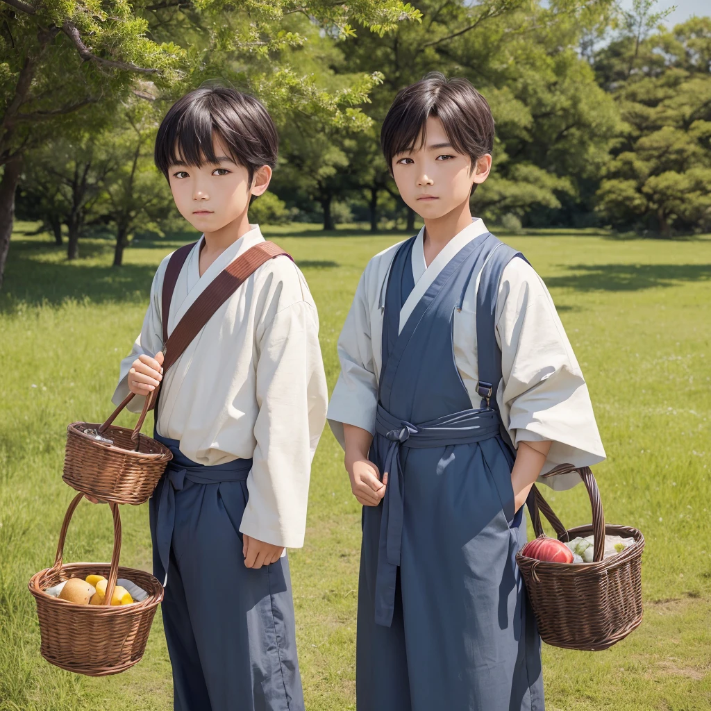 High resolution, Super detailed, masterpiece, highest quality,oriental、boy、boy working in the field、grassland、Basket Bag、Wearing traditional Japanese costumes、Japan Ancient Hairstyles、game poster、alone、