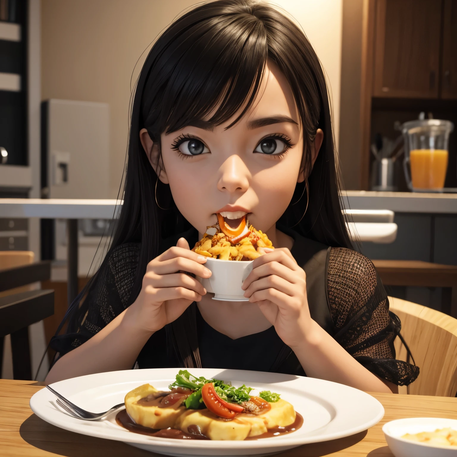 Making a girl, She is 17 years old, with light brown hair, she is smiling, Disney cartoons of this hungry variety, She eats a hamburger、Have a glass of Pixar soda., ..。.3D, by disney