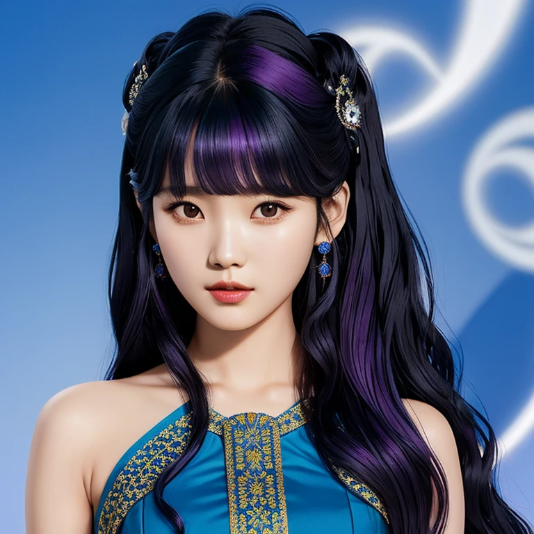 a closeup of a deity woman with wavy hair and blue princess dress, black hime cut hairstyle of Lee ji-eun, with long hair and purple highlights, hime cut, long black hair and bangs, shikamimi, official artwork , with full bangs