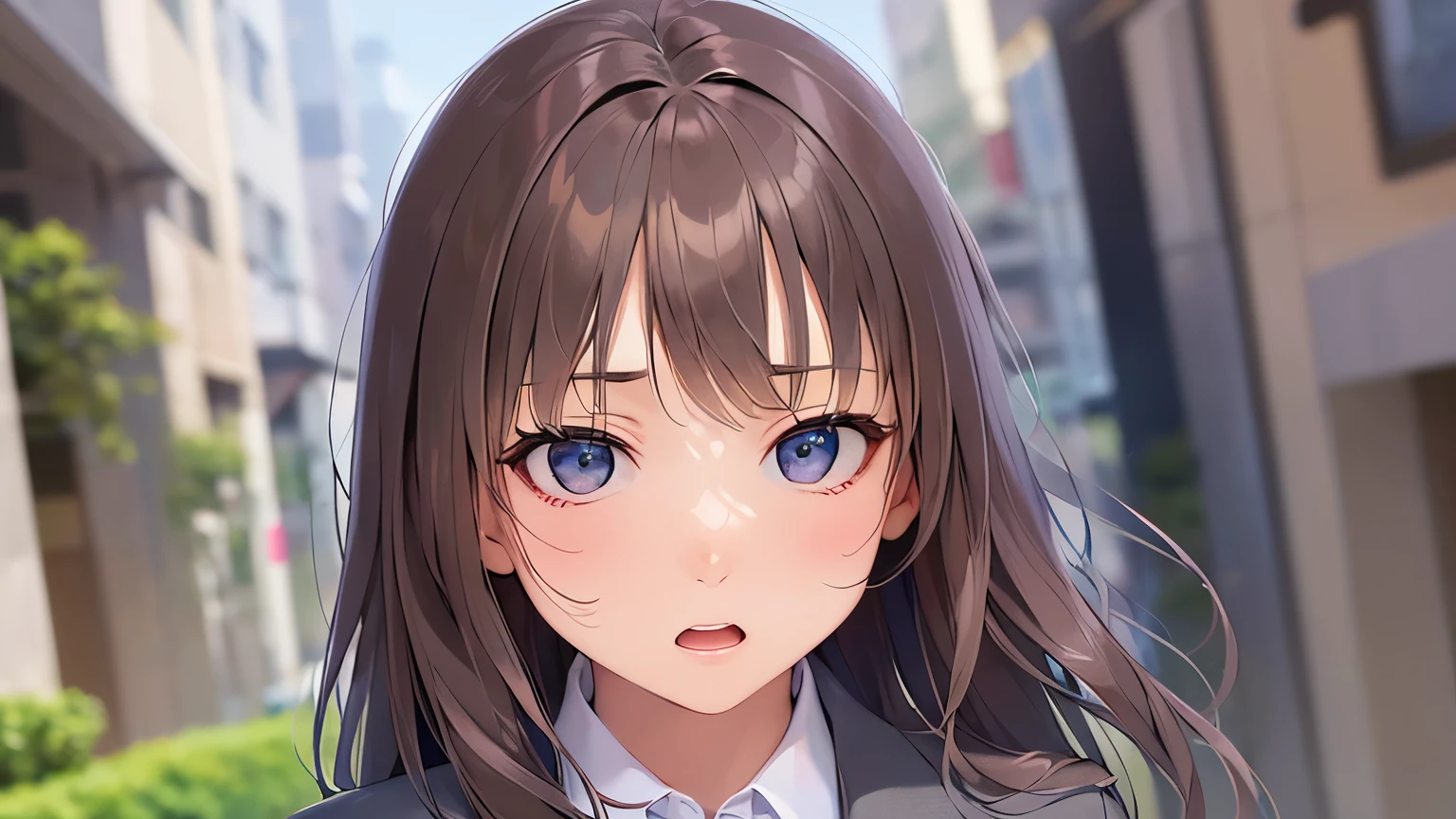 Waving, dutch angle, (looking away:1.5), Realistic, real person, RAW photo, photorealistic, portrait photography, shiny skin, japanese idol、A 25-year-old woman with medium-long hair with bright chestnut bangs.、(wearing a gray suit:1.5)、wearing a gray skirt、Are standing、(surprised:1.5), Alone、The background is an office