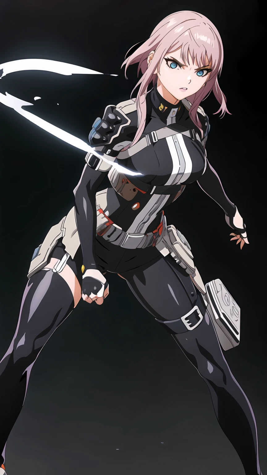 A beautiful girl wearing black tactical
uniform
with shorts and pantyhose,very high
tech bulletproofvest,a female anime style
character,looking at
viewer, Standing,black
Single Shoulder Cape,black tactical
harness,short black hair
with blue ends,blue glowing
eyes,Heterochromia,red glossylips,
Medium ,full body,Drop Leg holster
(masterpiece), best quality, expressive
eyes, perfect
face,cybernetic,exoskeleton
One robotic arm,android,cyborg,black
holster,black
utility Belt,Detailed Face Fleshy
Lips,(Expressive Detailed Eyes)
Beautiful,
Gorgeous.Intricate Hair,
Ultra-Detailed, Correct Proportions,Best
Texture,1girl, Skinny