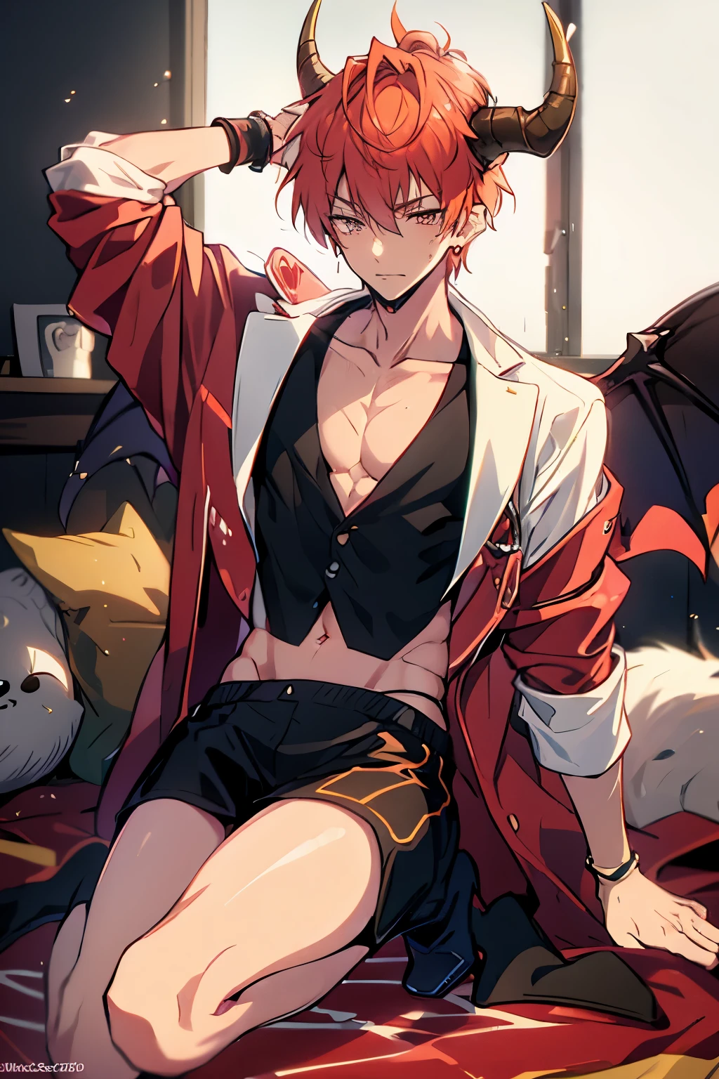 masterpiece, best quality, 1 male, adult, demon, incubus, sly attitude, soft lighting, warm colors, red skin, short messy hair, modern fashion, horns