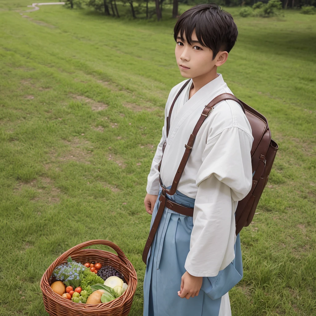 High resolution, Super detailed, masterpiece, highest quality,oriental、boy、boy working in the field、grassland、Basket Bag、Wearing traditional Japanese costumes、game poster、alone、