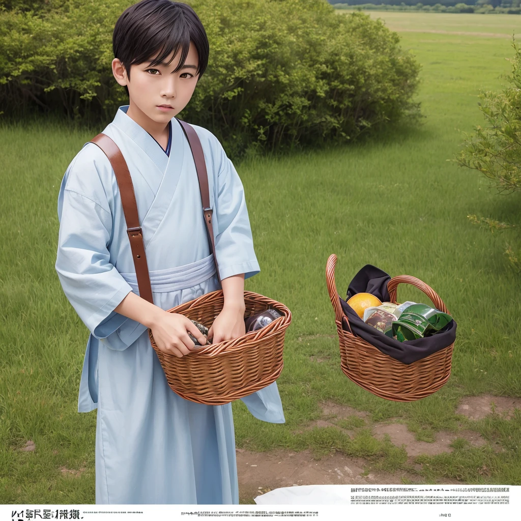  High resolution, Super detailed, masterpiece, highest quality,oriental、boy、boy working in the field、grassland、Basket Bag、Wearing traditional Japanese costumes、game poster、alone、